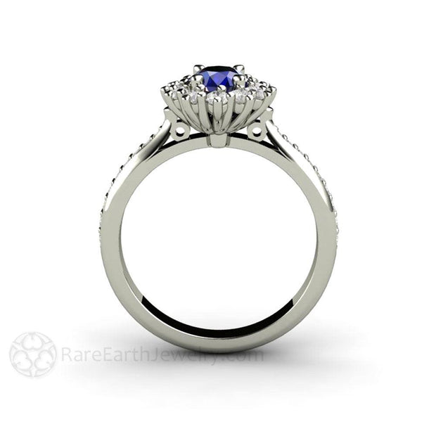 Natural Blue Sapphire Engagement Ring Oval Cluster Diamond Halo 14K White Gold - Rare Earth Jewelry