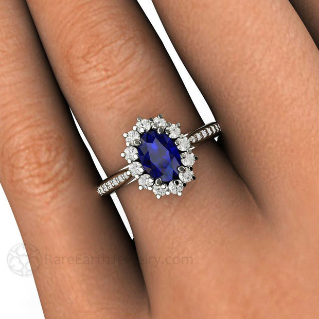 Natural Blue Sapphire Engagement Ring Oval Cluster Diamond Halo 14K Yellow Gold - Rare Earth Jewelry