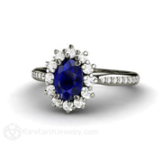 Natural Blue Sapphire Engagement Ring Oval Cluster Diamond Halo Platinum - Rare Earth Jewelry