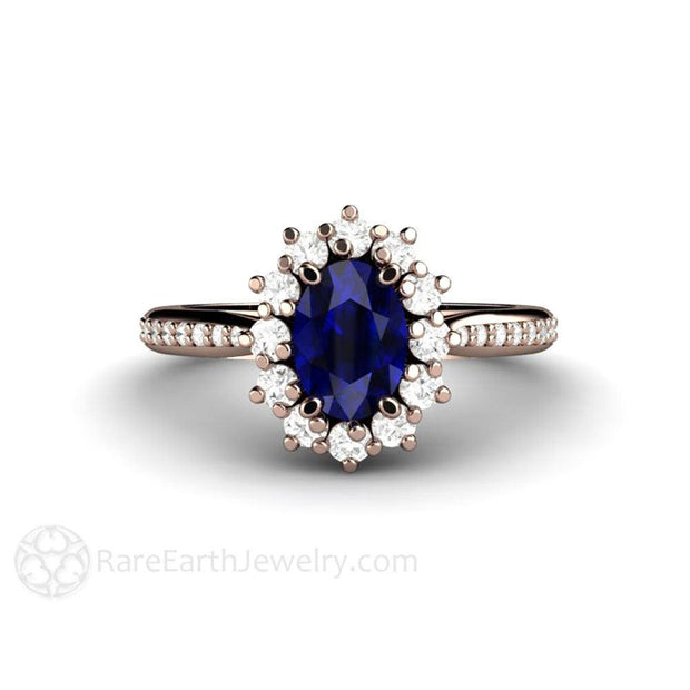 Natural Blue Sapphire Engagement Ring Oval Cluster Diamond Halo 14K Rose Gold - Rare Earth Jewelry