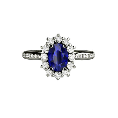 Natural Oval Blue Sapphire Engagement Ring Oval Cluster Diamond Halo and Accented Band in Gold or Platinum from Rare Earth Jewelry