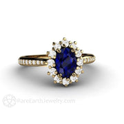 Natural Blue Sapphire Engagement Ring Oval Cluster Diamond Halo 14K Yellow Gold - Rare Earth Jewelry