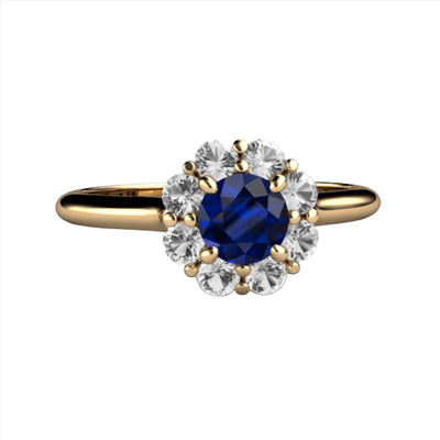 Natural Blue Sapphire Engagement Ring Round Flower Shaped Cluster Design with Diamonds in Yellow Gold from Rare Earth Jewelry