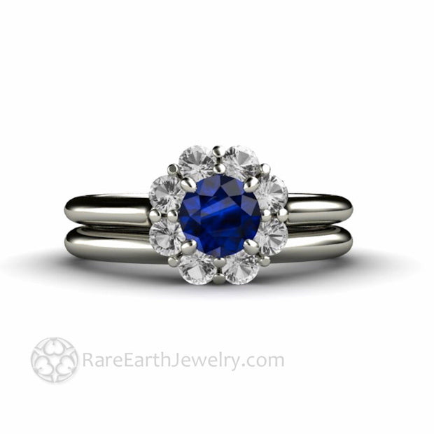 Natural Blue Sapphire Engagement Ring Round Flower Cluster Design with Diamonds 14K Yellow Gold - Engagement Only - Rare Earth Jewelry
