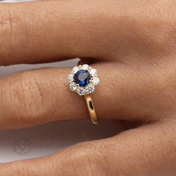 Natural Blue Sapphire Engagement Ring Round Flower Cluster Design with Diamonds 14K Yellow Gold - Engagement Only - Rare Earth Jewelry