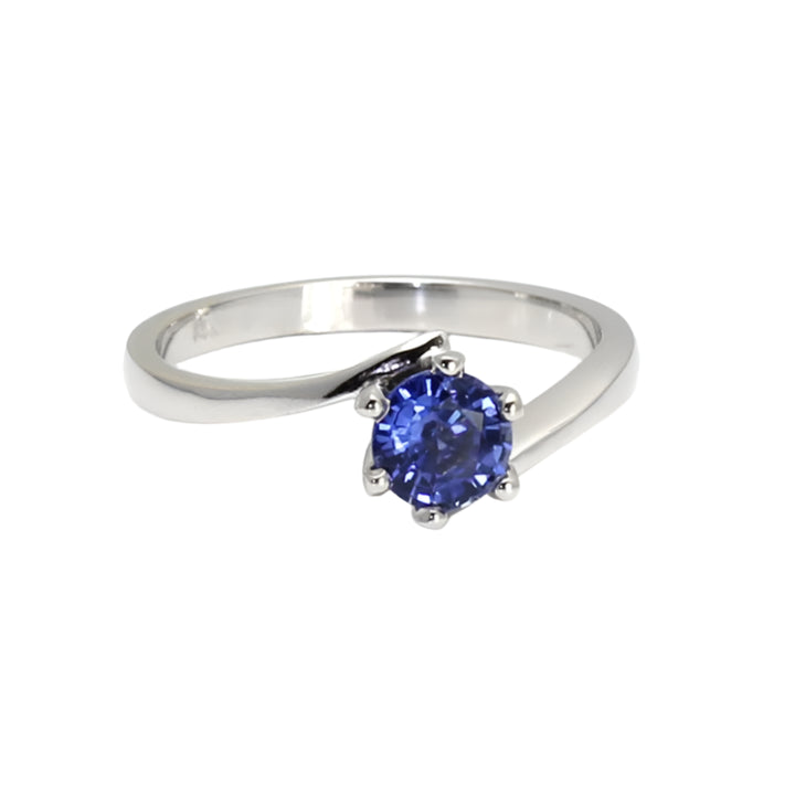 Blue sapphire solitaire ring in white gold with bypass band and round 5.5mm natural Sri Lankan Sapphire | Rare Earth Jewelry