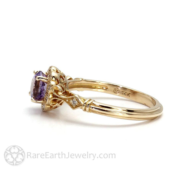 Natural Purple Sapphire Ring Art Deco Design with Diamonds 14K Yellow Gold - Rare Earth Jewelry