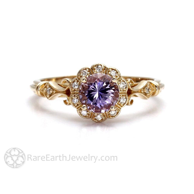 Natural Purple Sapphire Ring Art Deco Design with Diamonds 18K Yellow Gold - Rare Earth Jewelry