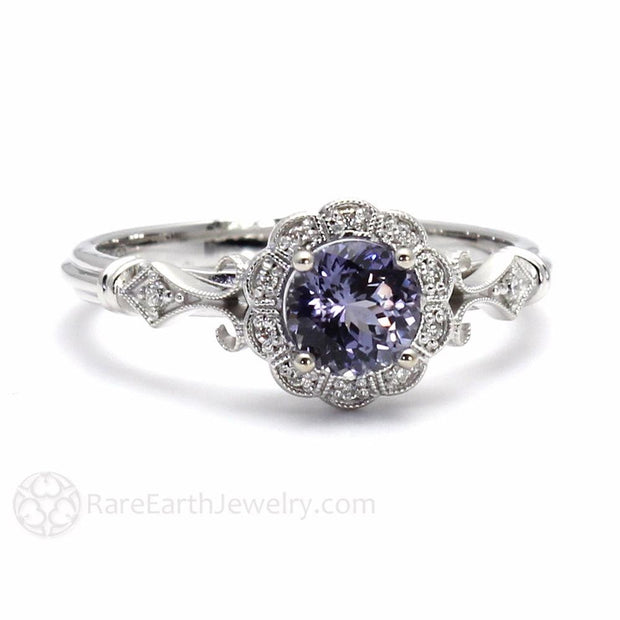 Natural Purple Sapphire Ring Vintage Style Art Deco Halo 18K White Gold - Rare Earth Jewelry