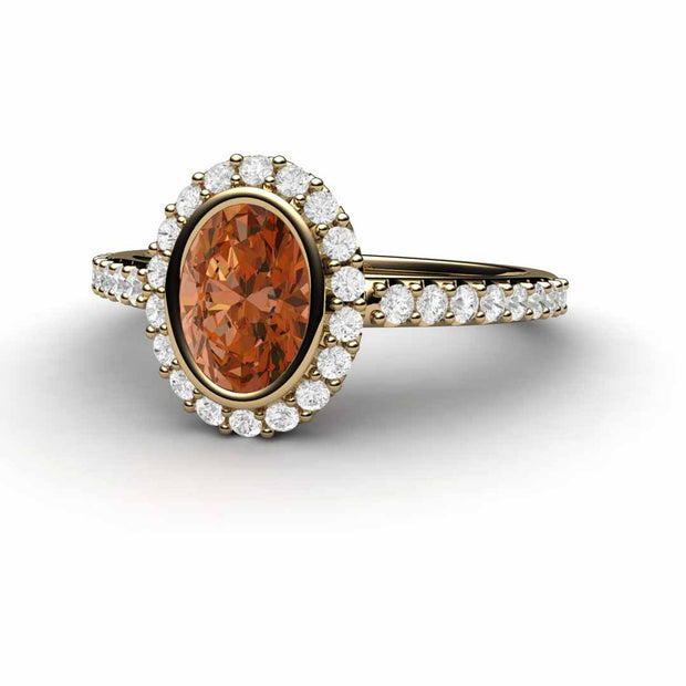 Oval Orange Sapphire Engagement Ring Bezel Set Pave Diamond Halo 14K Yellow Gold - Engagement Only - Rare Earth Jewelry