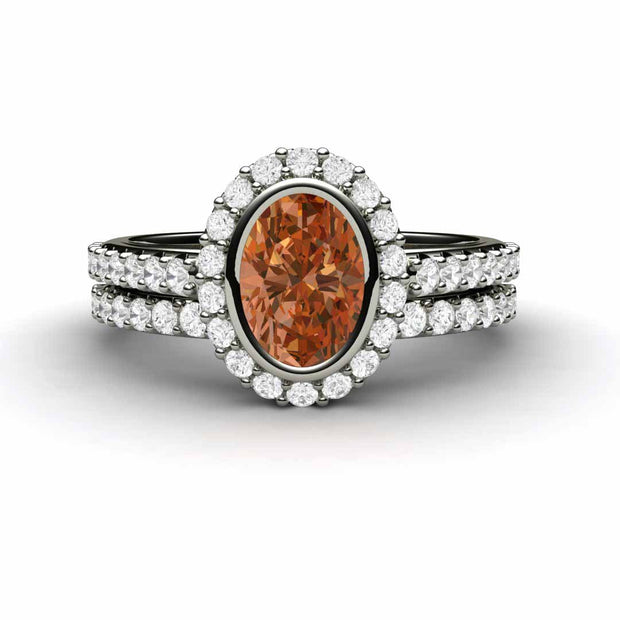 Oval Orange Sapphire Engagement Ring Bezel Set Pave Diamond Halo 14K White Gold - Wedding Set - Rare Earth Jewelry