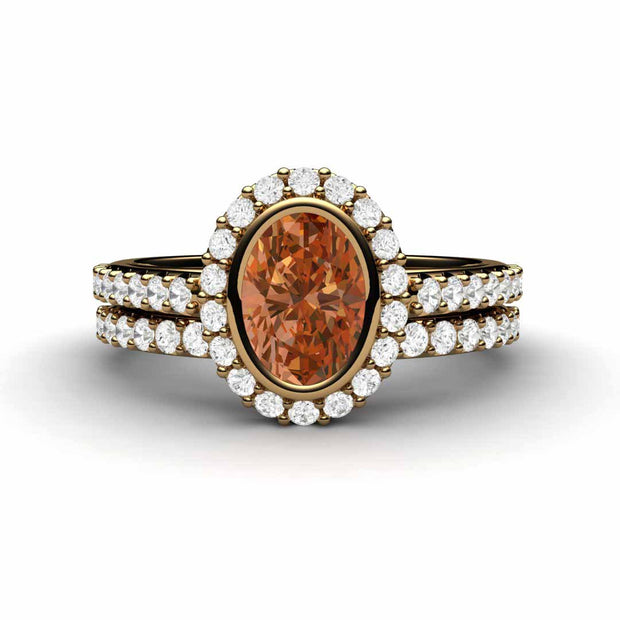 Oval Orange Sapphire Engagement Ring Bezel Set Pave Diamond Halo 18K Yellow Gold - Wedding Set - Rare Earth Jewelry