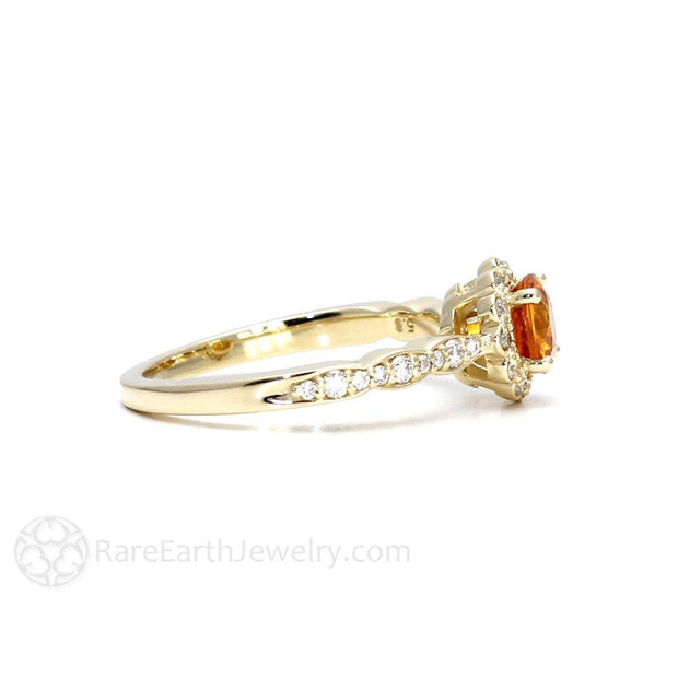 Orange Sapphire Ring Vintage Halo Engagement 18K Yellow Gold - Rare Earth Jewelry