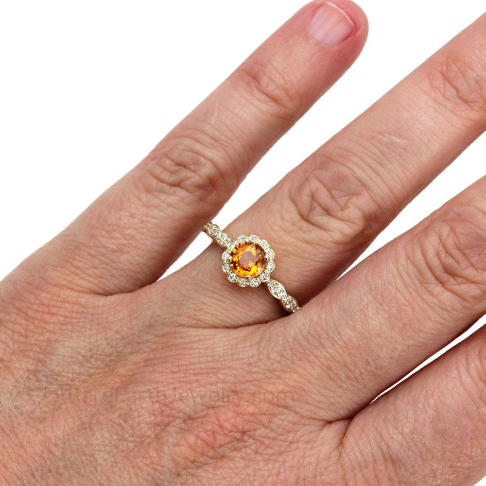 Orange Sapphire Ring Vintage Halo Engagement, Rare Earth Jewelry