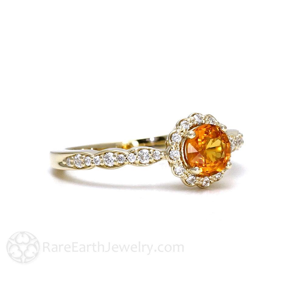 Orange Sapphire Ring Vintage Halo Engagement, Rare Earth Jewelry