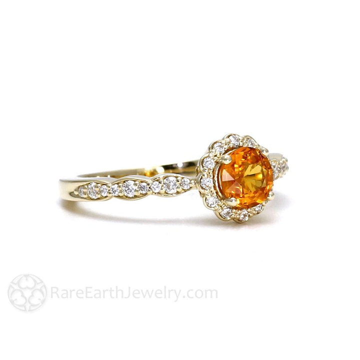 Orange Sapphire Ring Vintage Halo Engagement, Rare Earth Jewelry