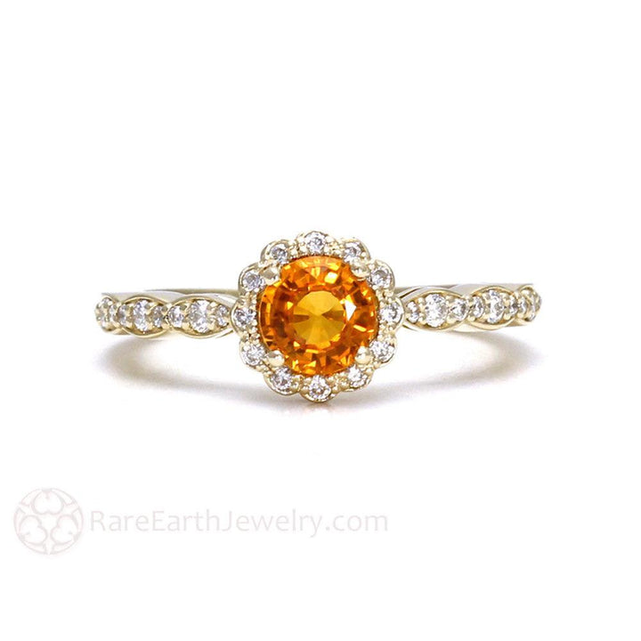 Orange Sapphire Ring Vintage Halo Engagement, Rare Earth Jewelry