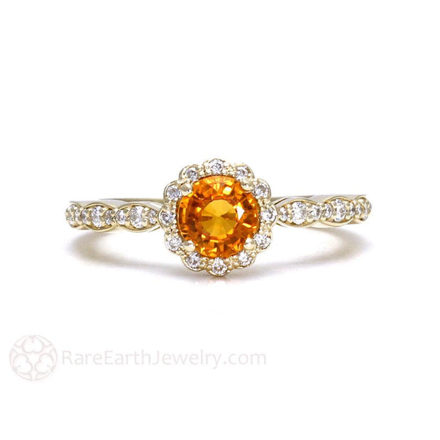 Orange Sapphire Ring Vintage Halo Engagement 14K Yellow Gold - Rare Earth Jewelry