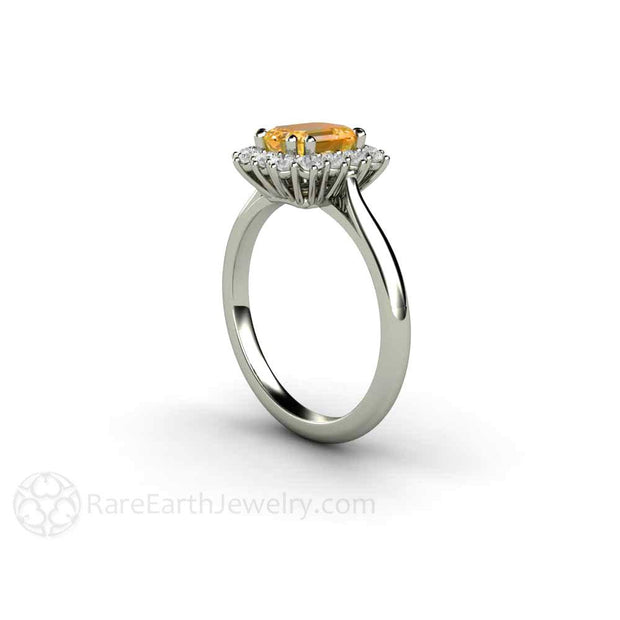 Orange Yellow Sapphire Ring Vintage Engagement with Diamonds 18K White Gold - Rare Earth Jewelry