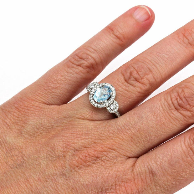 Oval 3 Stone Aquamarine Engagement Ring with Diamond Halo 14K White Gold - Rare Earth Jewelry