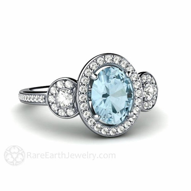 Oval 3 Stone Aquamarine Engagement Ring with Diamond Halo 18K White Gold - Rare Earth Jewelry