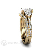 Oval 3 Stone Moissanite Engagement Ring with Diamonds 18K Yellow Gold - Wedding Set - Rare Earth Jewelry