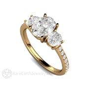Oval 3 Stone Moissanite Engagement Ring with Diamonds 18K Yellow Gold - Engagement Only - Rare Earth Jewelry