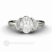 Oval 3 Stone Moissanite Engagement Ring with Half Moons 14K White Gold - Rare Earth Jewelry