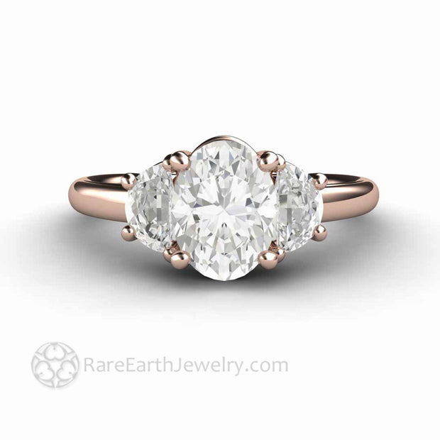 Oval 3 Stone Moissanite Engagement Ring with Half Moons 18K Rose Gold - Rare Earth Jewelry