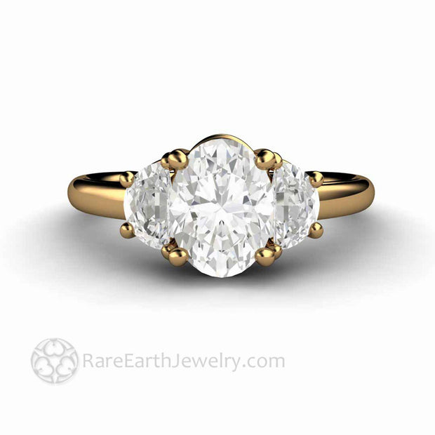 Oval 3 Stone Moissanite Engagement Ring with Half Moons 18K Yellow Gold - Rare Earth Jewelry