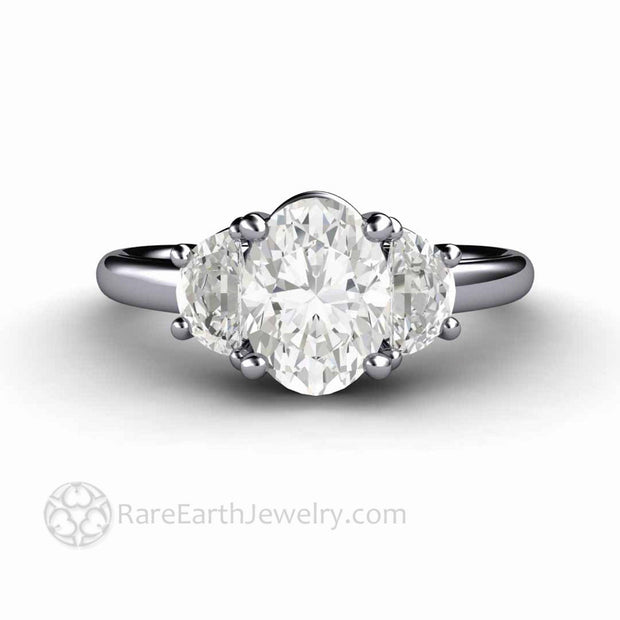 Oval 3 Stone Moissanite Engagement Ring with Half Moons Platinum - Rare Earth Jewelry