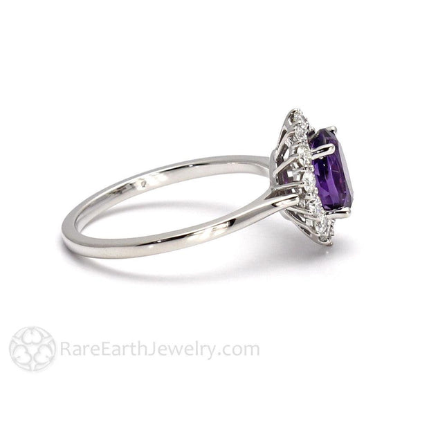 Oval Amethyst Ring with Diamond Halo Vintage Style Cluster February Birthstone 18K White Gold - Rare Earth Jewelry