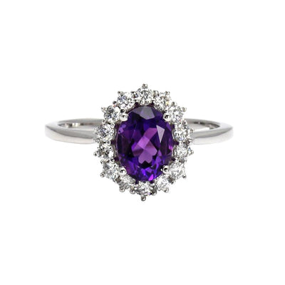 Oval Purple Amethyst Ring with Diamond Halo Vintage Style Cluster February Birthstone Jewelry in Gold or Platinum from Rare Earth Jewelry