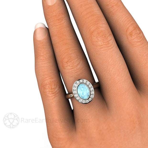 Oval Aquamarine Engagement Ring with Diamonds March Birthstone 18K White Gold - Rare Earth Jewelry