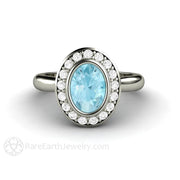 Oval Aquamarine Engagement Ring with Diamonds March Birthstone 14K White Gold - Rare Earth Jewelry