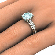 Oval Aquamarine Ring Solitaire Engagement with Diamonds 18K Rose Gold - Rare Earth Jewelry