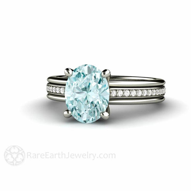 Oval Aquamarine Ring Solitaire Engagement with Diamonds Platinum - Rare Earth Jewelry