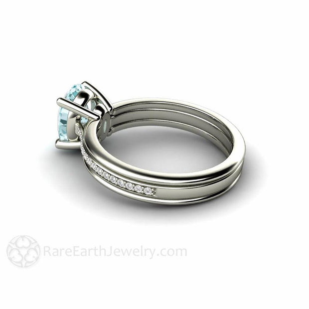 Oval Aquamarine Ring Solitaire Engagement with Diamonds 14K White Gold - Rare Earth Jewelry
