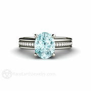 Oval Aquamarine Ring Solitaire Engagement with Diamonds 14K White Gold - Rare Earth Jewelry