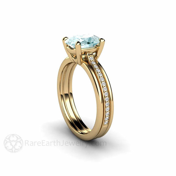 Oval Aquamarine Ring Solitaire Engagement with Diamonds 18K Yellow Gold - Rare Earth Jewelry