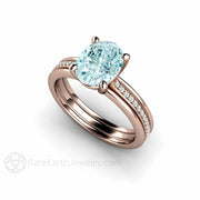 Oval Aquamarine Ring Solitaire Engagement with Diamonds 18K Rose Gold - Rare Earth Jewelry