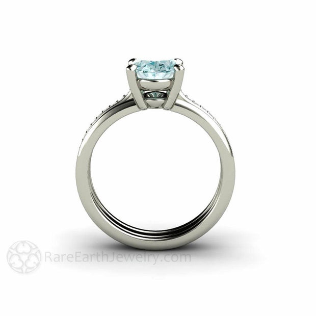 Oval Aquamarine Ring Solitaire Engagement with Diamonds Platinum - Rare Earth Jewelry
