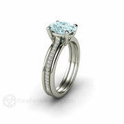 Oval Aquamarine Ring Solitaire Engagement with Diamonds 18K White Gold - Rare Earth Jewelry