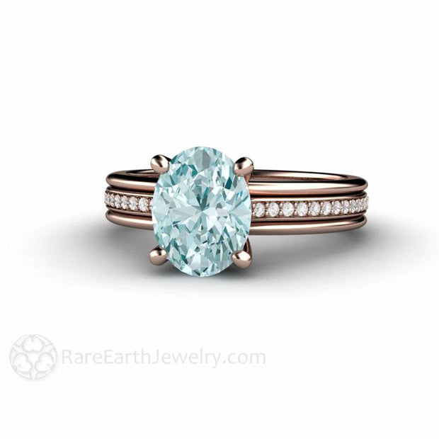Oval Aquamarine Ring Solitaire Engagement with Diamonds 14K Rose Gold - Rare Earth Jewelry