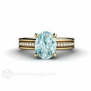 Oval Aquamarine Ring Solitaire Engagement with Diamonds 14K Yellow Gold - Rare Earth Jewelry