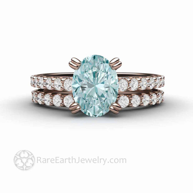 Oval Aquamarine Solitaire Engagement Ring with Diamonds 18K Rose Gold - Wedding Set - Rare Earth Jewelry