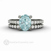 Oval Aquamarine Solitaire Engagement Ring with Diamonds 14K White Gold - Wedding Set - Rare Earth Jewelry