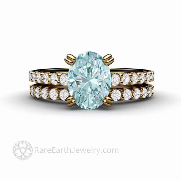 Oval Aquamarine Solitaire Engagement Ring with Diamonds 18K Yellow Gold - Wedding Set - Rare Earth Jewelry
