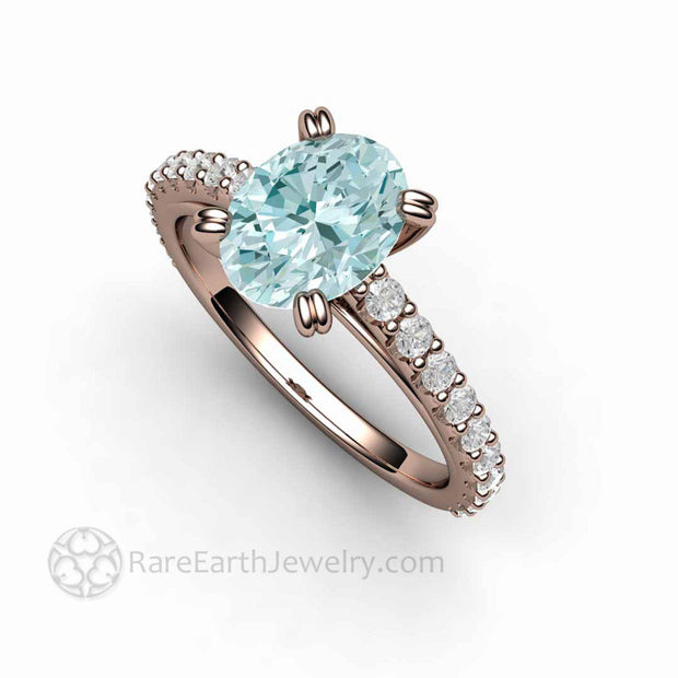 Oval Aquamarine Solitaire Engagement Ring with Diamonds 14K Rose Gold - Engagement Only - Rare Earth Jewelry