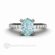 Oval Aquamarine Solitaire Engagement Ring with Diamonds 14K White Gold - Engagement Only - Rare Earth Jewelry